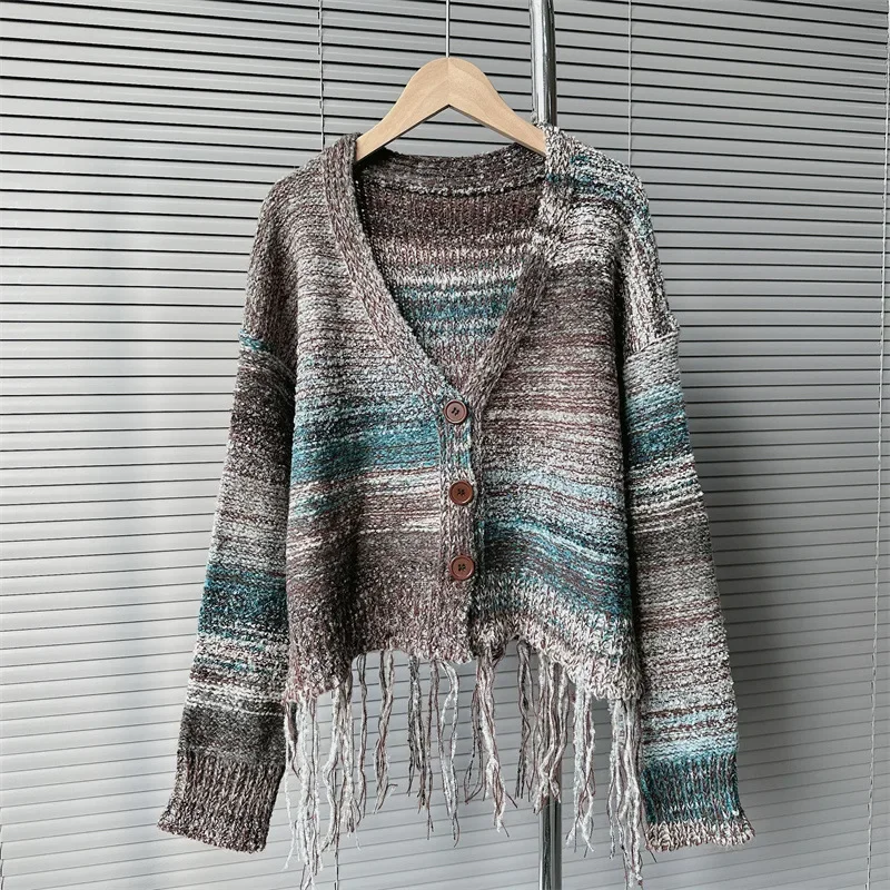 

Retro Striped V-neck Tassel Knit Sweater New Lazy Unique Top Super Nice Sweater Coat Cardigan Women Autumn and Winter