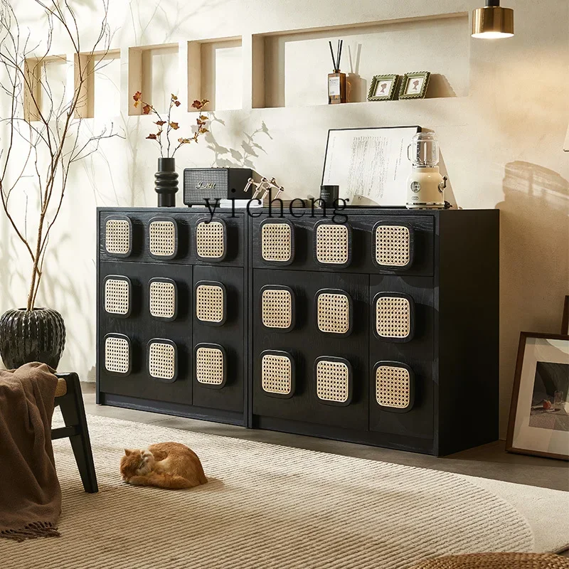 

French retro solid wood rattan dining side cabinet small apartment living room wabisabi wind rattan bucket cabinet