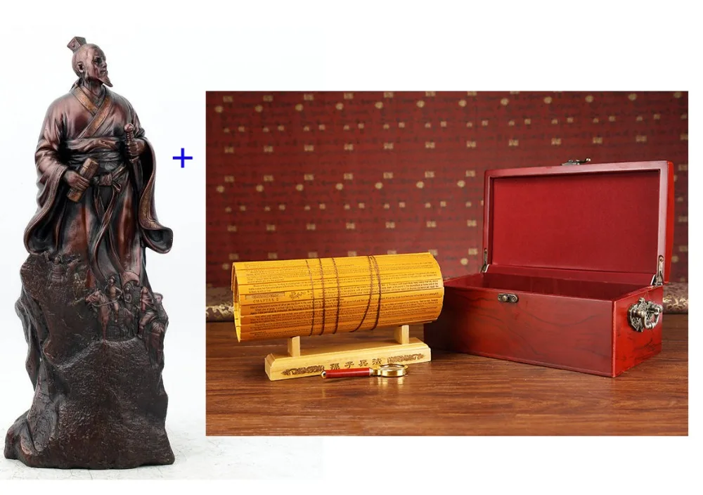 TOP foreign business gift Military strategist Master of War bronze statue+THE ART of WAR # Sun-Tzu Bamboo BOOK Collector Edition