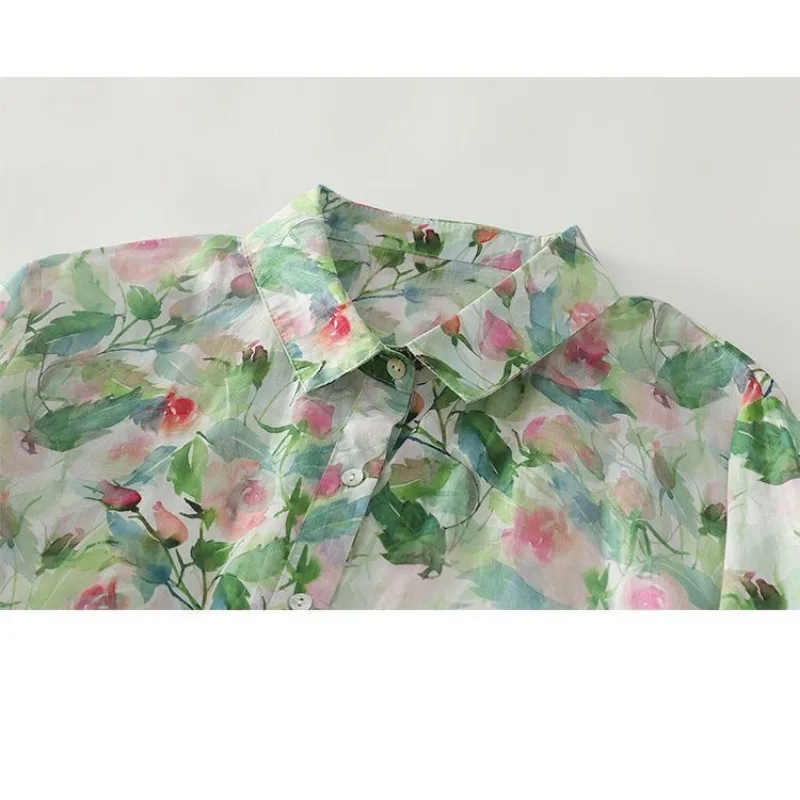 2025, Blatt-bedrucktes Hemd, französisches, lässiges, vielseitiges, dünnes, florales Damen-Knopf-Elegantes Oberteil
