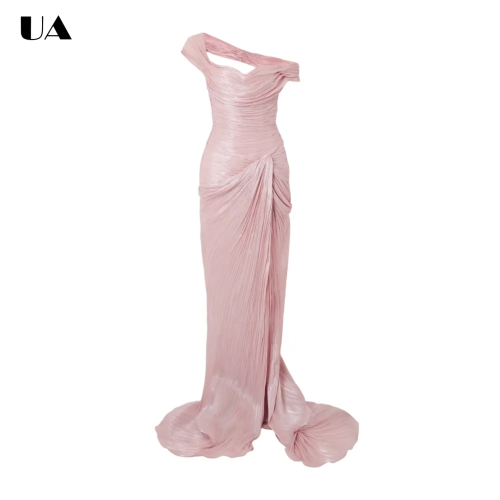 

ULBYANRY Customized Mermaid Off-the-shoulder Prom Dresses for Women, Elegant Ruched Evening Dress, Solid Plissé Taffeta Dress
