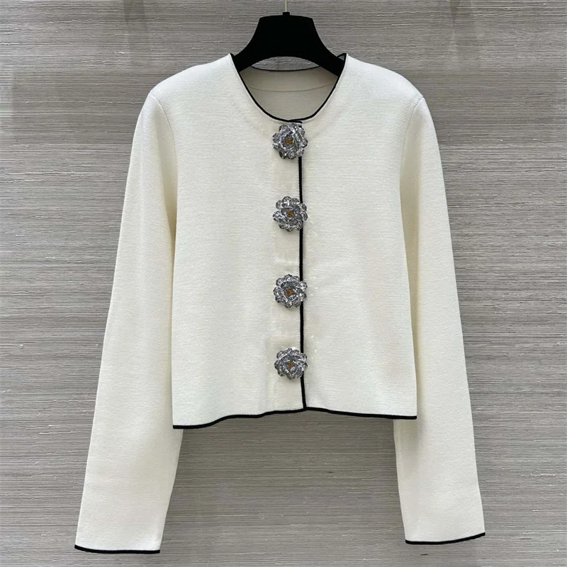 Cardigan for women 2024 Autumn New Shiny Flower Button Decorative Long Sleeve Top wool blend Women\'s coat Elastic slim knitwear