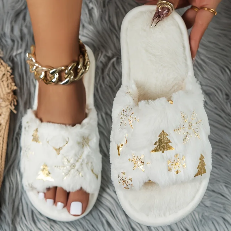 إمرأة عيد الميلاد رقيق نِعال من الفراء لينة وحيد حجم كبير عدم الانزلاق أفخم الشرائح امرأة الشتاء الراحة داخلي المنزل أحذية مفتوحة