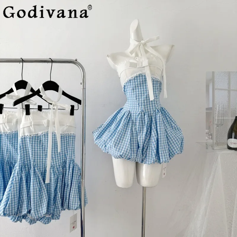 

Pure Desire Sweet Party Dress for Ladies Butterfly Strapless Blue Plaid Patchwork Dress High Waist Ribbon Women's Cute Dress