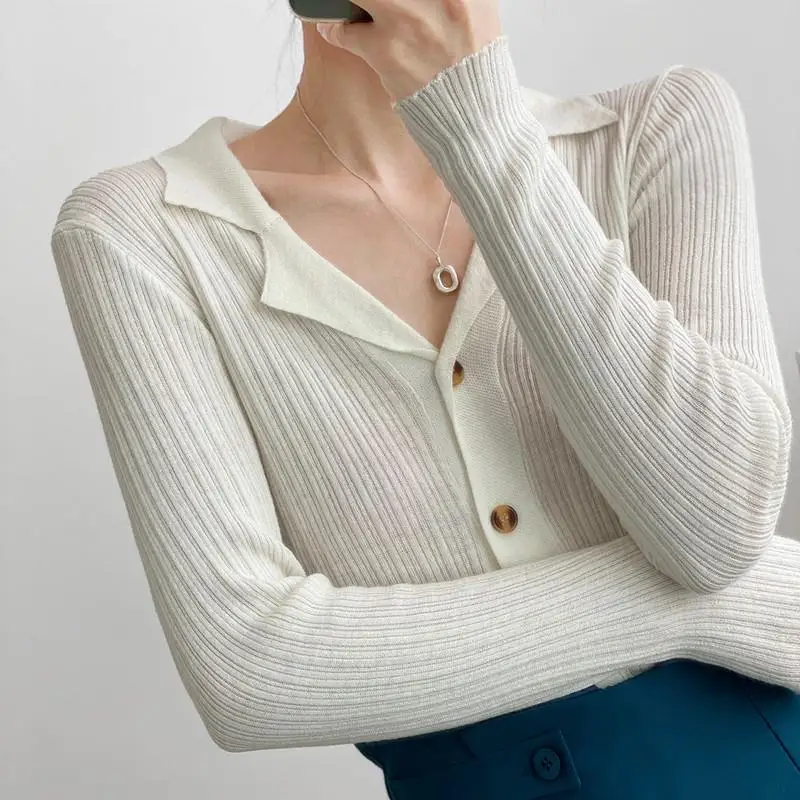 Autumn Winter Simplicity Turn-down Collar Cardigan Women Clothing Fashionable Buttons Solid Color Knitting Top Tee Ladies Tops