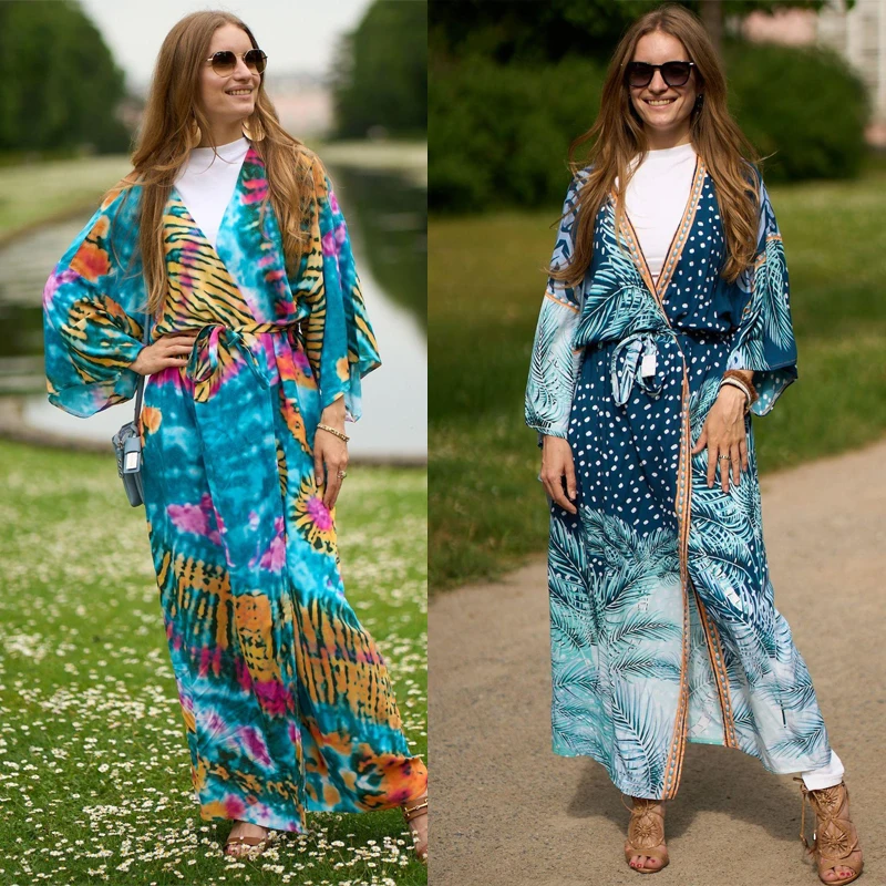 

15 Colors Boho Printed Long Sleeve Self Belted Kimono Beach Dress Cardigan Women Beach Wear Swim Suit Cover Up Saida De Praia