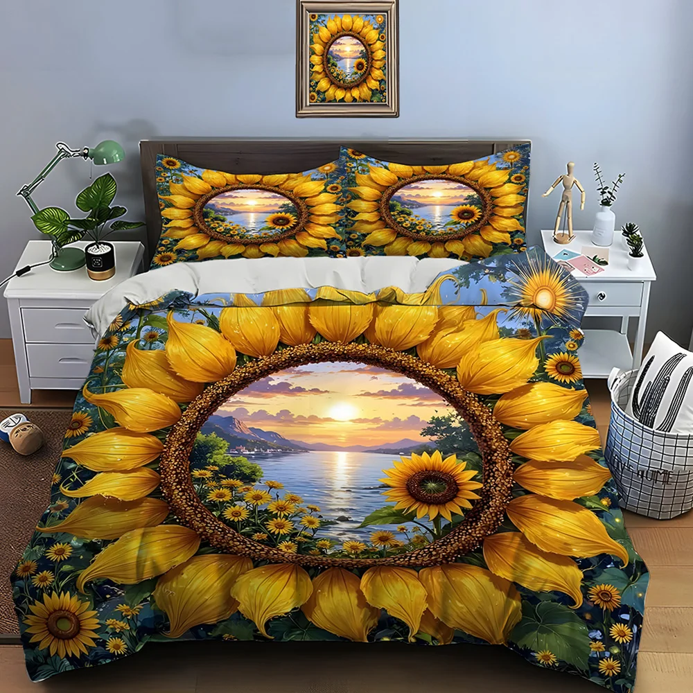 Sunflowers framing a serene sunset lake Print Soft Comfortable Duvet Cover Bedding Set Included 1*Duvet Cover  2*Pillowcases