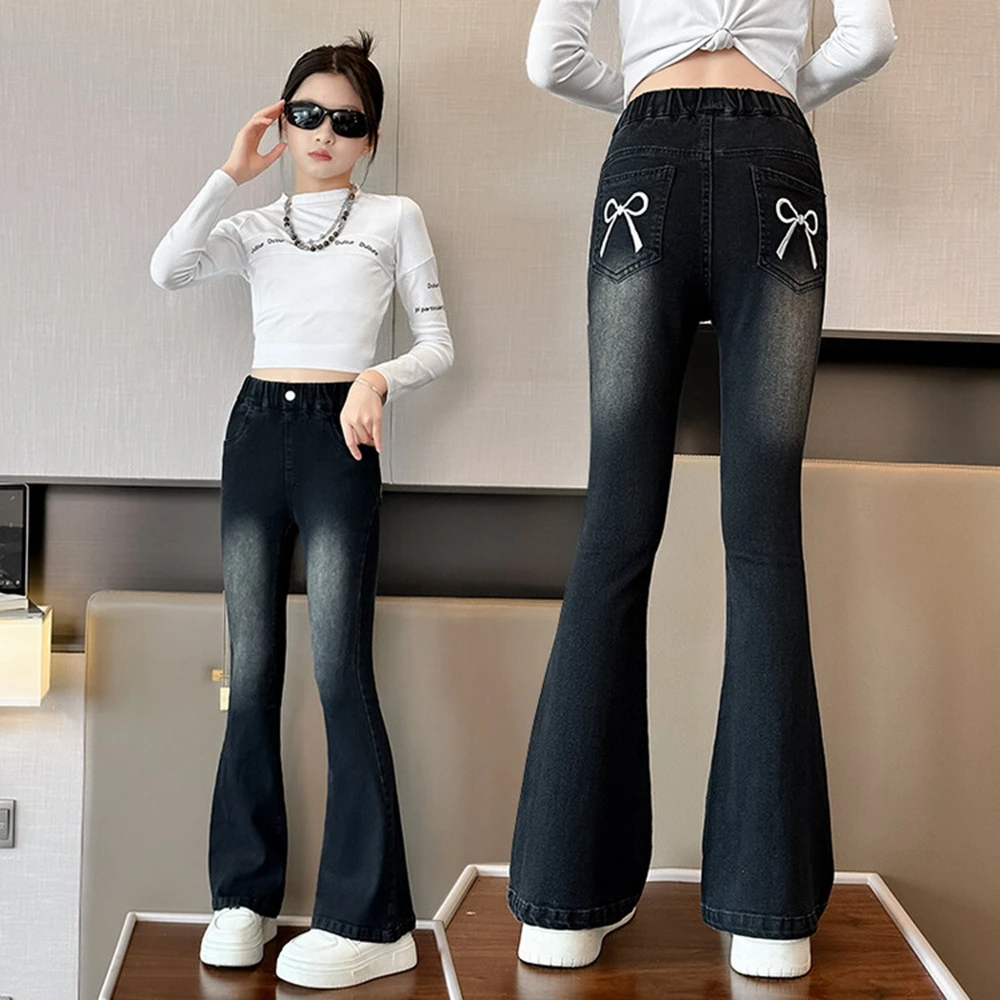 New Fashion Girls Split Flare Gradient Jeans for Kids School Streetwear Casual Solid Color Denim Pants Children Korean Trousers