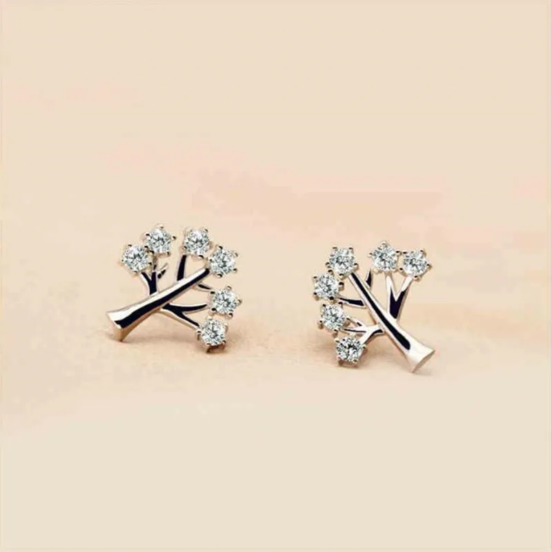 New Fashion Hypoallergenic 925 Sterling Silver Jewelry Exquisite  Lucky Wish Tree Zircon Crystal Earrings  E215