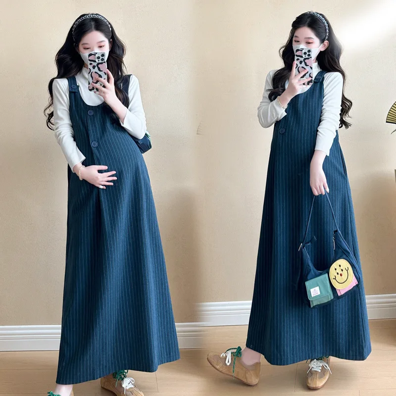 Maternity Set 2026 Spring Autumn Korean Style Gentle Temperament Loose White Base Top And Blue Striped Vest Dress Two Piece Set