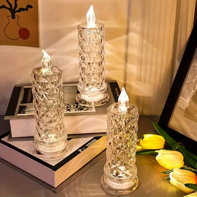 3pcs LED Candle Lamp With Rose Halo Refraction Battery Operated Crystal Pillar Flameless Candle Light Birthday Wedding Candles