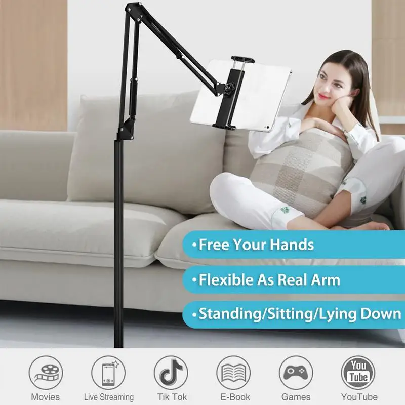 Phone Floor Stand 360 Degree Rotation Holder Flexible Long Arm Metal Smartphone Mount Lazy Bracket Floor Stand Overhead Phone