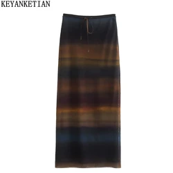 KEYANKETIAN women's multicolor printed Mesh Skirt new spring vintage lace up high waist stretch sheath long MIDI skirt