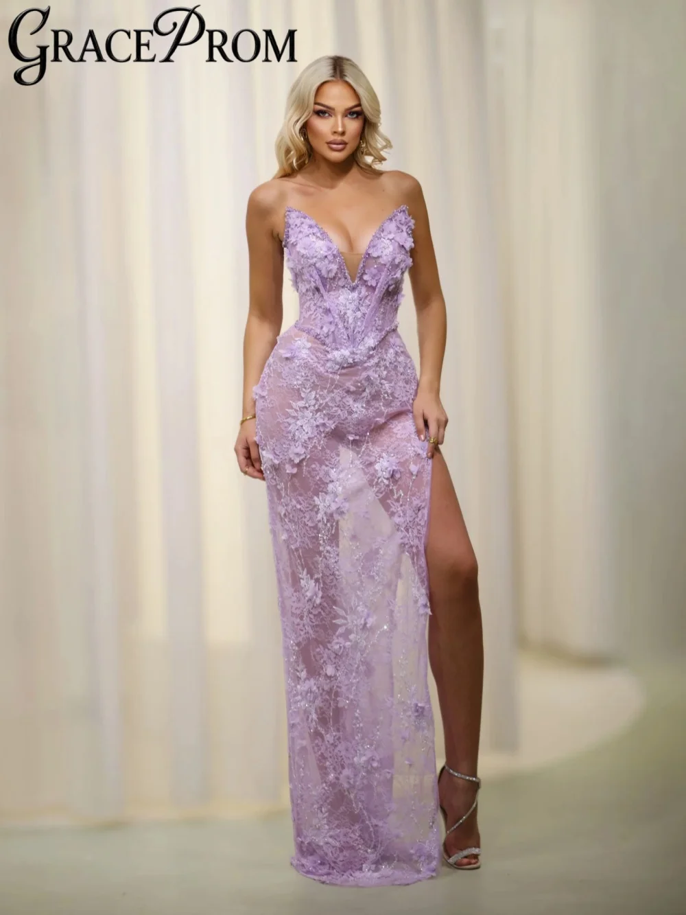 

Purple Illusion Beaded Lace Evening Dress Attractive 3D Flower High Slit Formal Party Gown Customized Floor-length Banquet Gowns