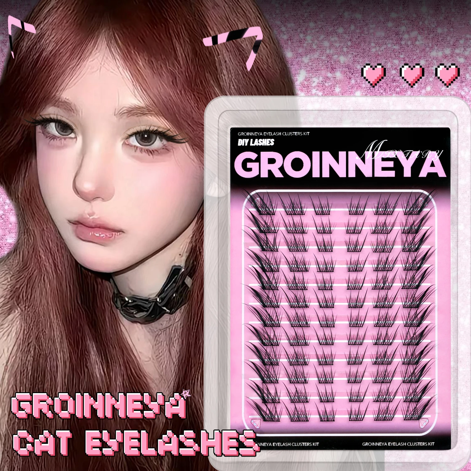GROINNEYA Lash Clusters Cat Lashes Winged End Eye Elongated Eyelashes Eyelash Clusters Kit DIY at Home Eyelash Extensions