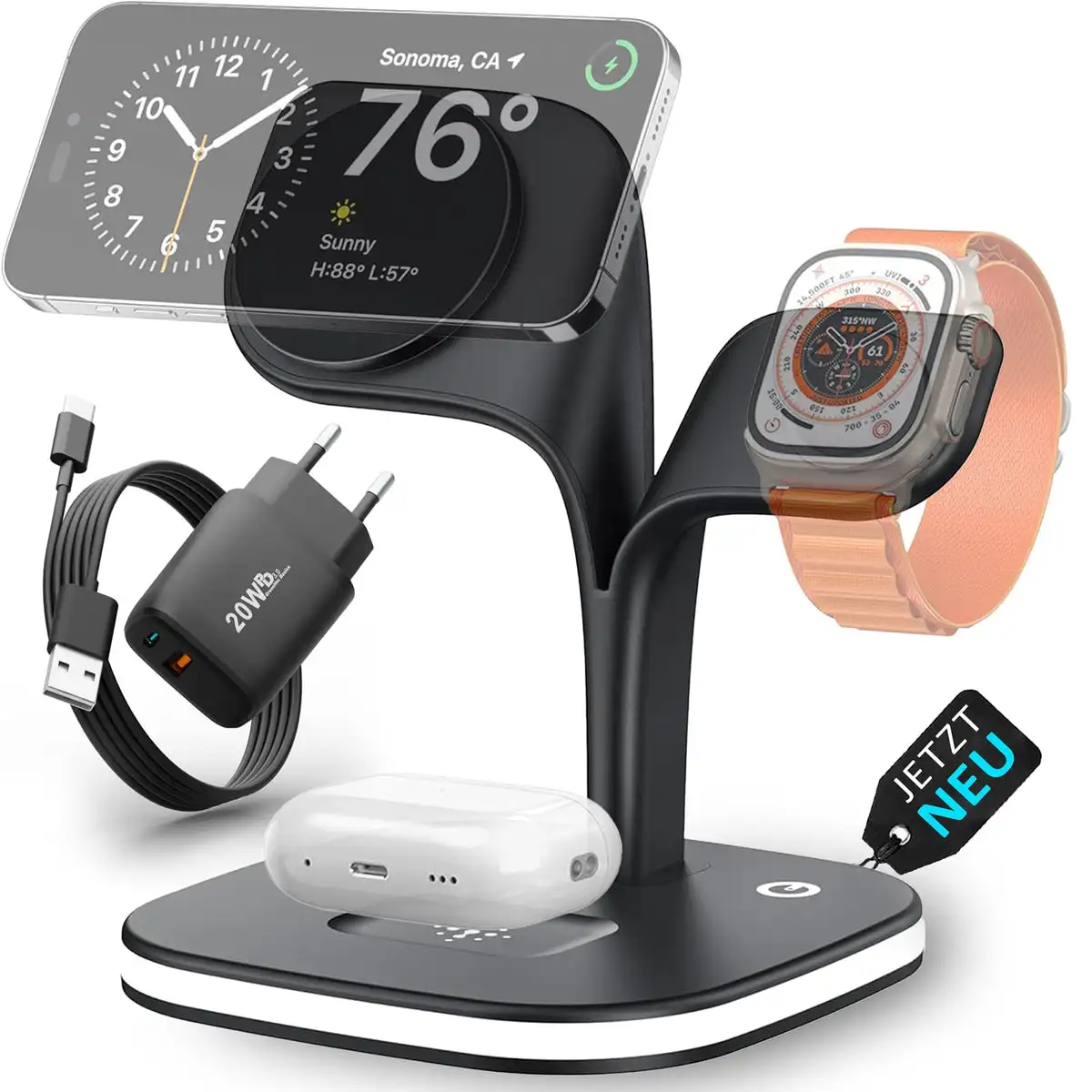 3in1 Magnetic PowerBase Ladestation für iPhone - PowerBase + Kabel - MagSafe Wireless Charger Induktive Ladestation - GreenHec