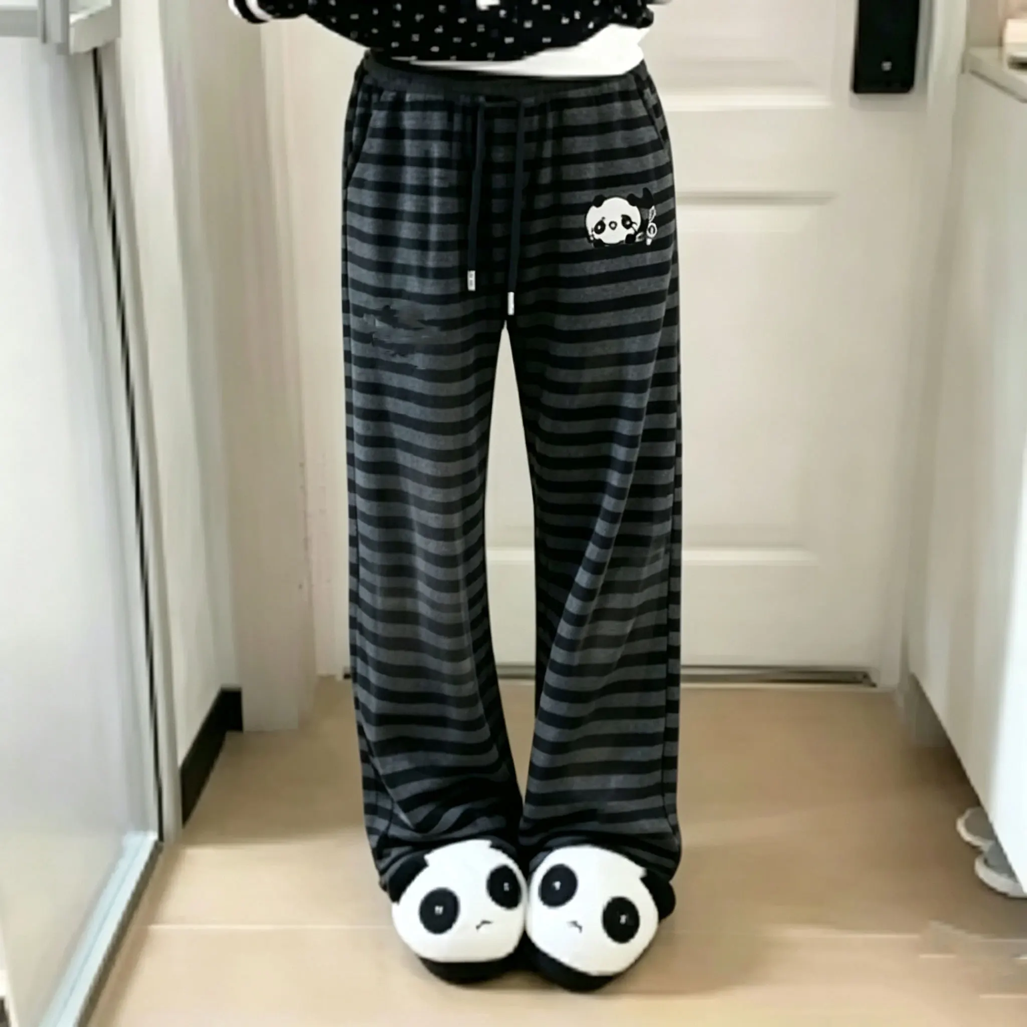 Japanese Kawaii Lolita Straight Pants Women Sweet Striped Cartoon Embroidery Casual Pants Girl Y2k Aesthetic Fairy Cute Trousers