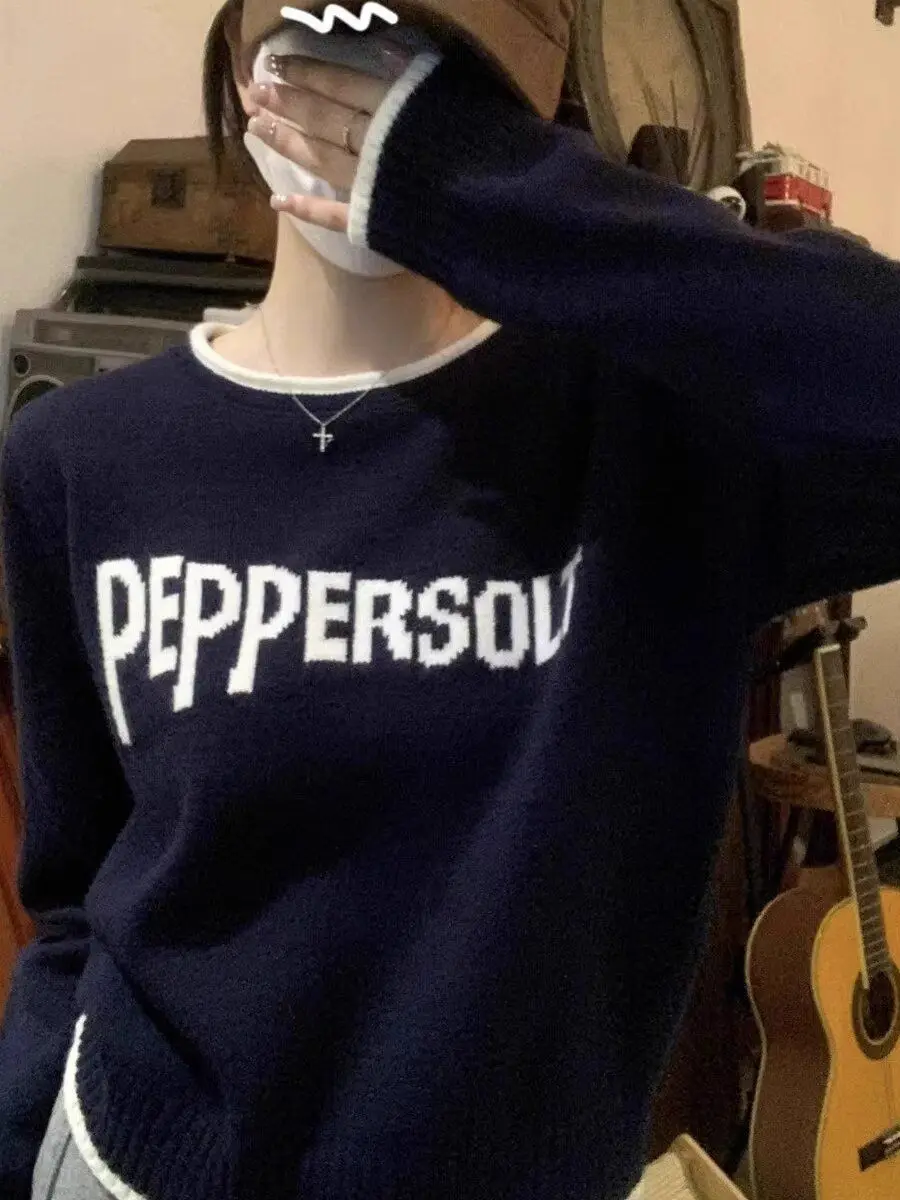 Farbe Blo Letter rund Ne Strickwaren Damen Herbst Winter Faion Inner Wear Top Lazy Sle Long Sve Thiened Pullover