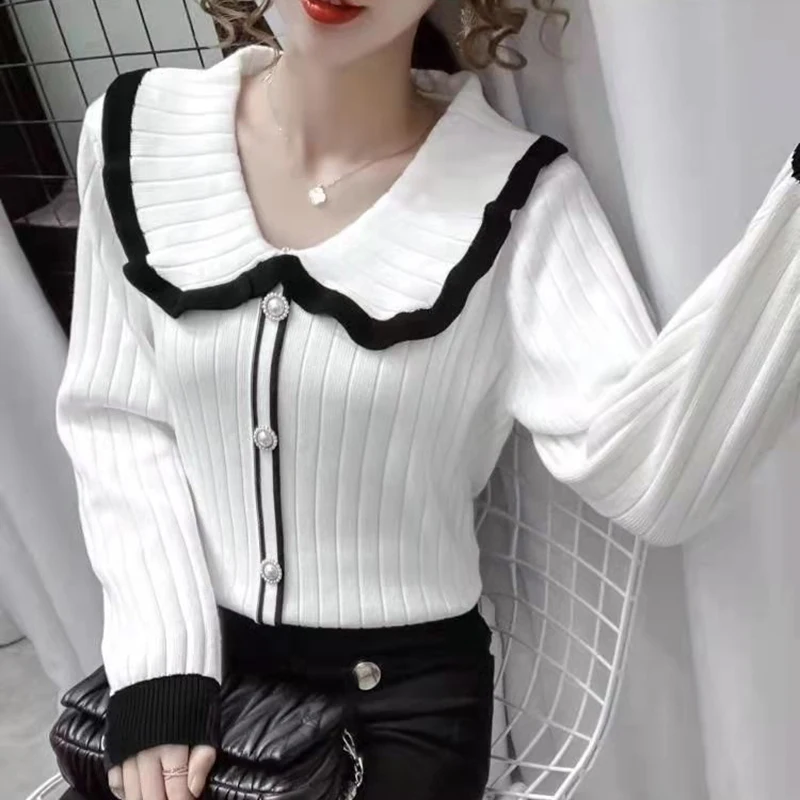 

Женский вязаный свитер, осенне-зимний кукольный воротник, модный топ с длинными рукавами, стильная универсальная базовая рубашка, верхняя одежда