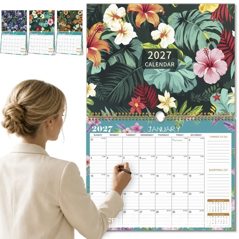 New 2027 Wall Calendar Floral 12 Month Monthly Planner Large Date Block Wire Bound Calendar Organizer Home Office