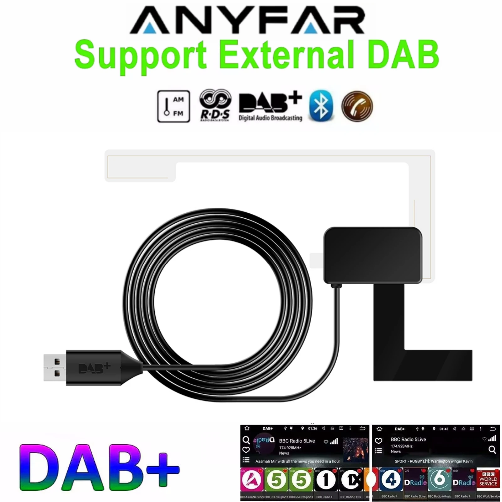 Adaptador de rádio automotivo USB Android DAB+ com sintonizador digital, receptor de áudio e antena para rádio automotivo Android.
