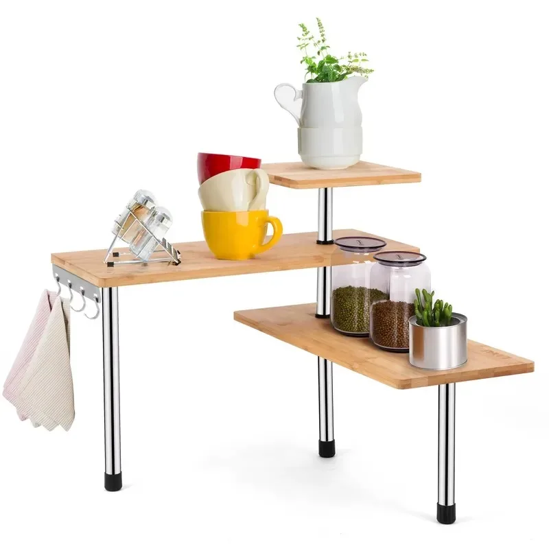 Modern 3 Tier Bamboo Corner Shelf Kitchen Storage Rack Space Saving Dish Organizer Household Spice Locker Efficient Desk