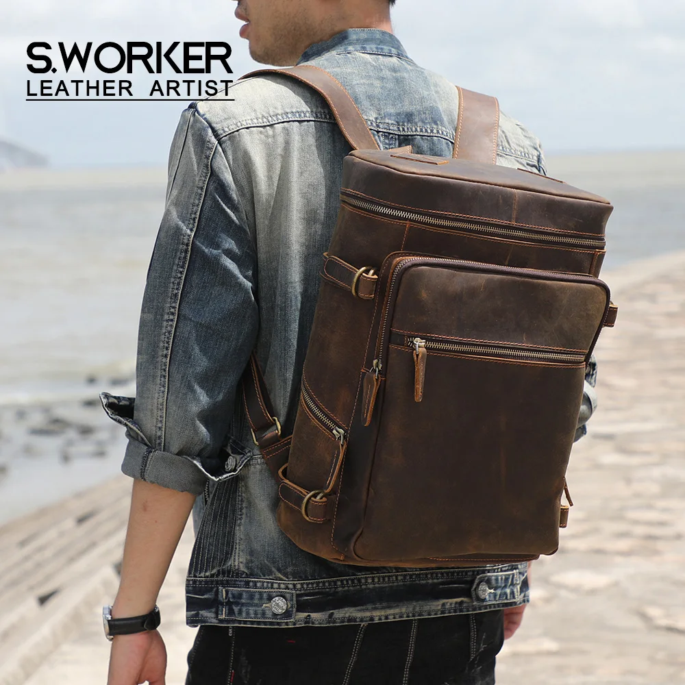 Vintage Genuine Leather Backpack Laptop Bag Crazy-horse Leather School Bag Outdoor Travel Weekender Shoulder Bag