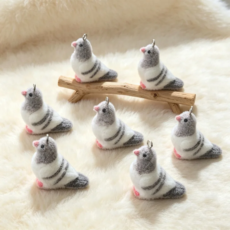 6Pcs Flocked Resin Simulation Cute Pigeon Pendants Fluffy Animal Charms DIY Jewelry Accessories for Earrings Necklace Keychain