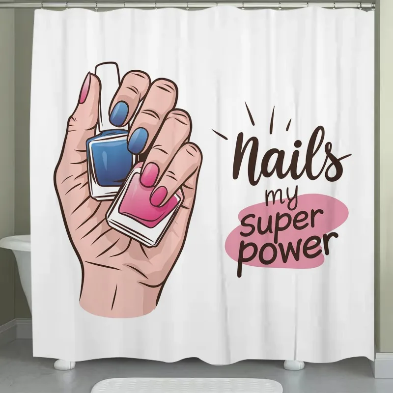 

1 шт., занавеска для душа «Nails My Super Power», полиэстер, подставка для бутылок с лаком для ногтей, дизайн, розовый, синий, цветочный узор