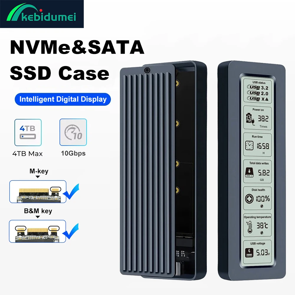 

M.2 NVMe SSD Enclosure 10Gbps Intelligent Digital Display Hard Drive Box M2 NVME SATA Solid State Driver Adapter A+C Data Cable