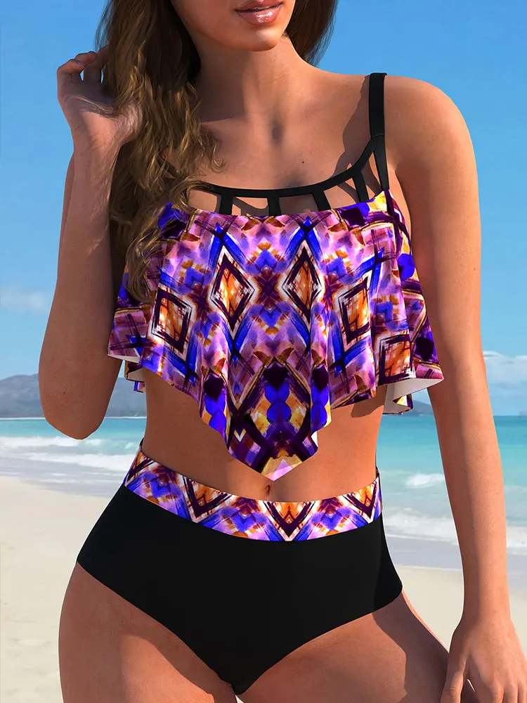 Color Tribal Print Hollow Out Tankini Set