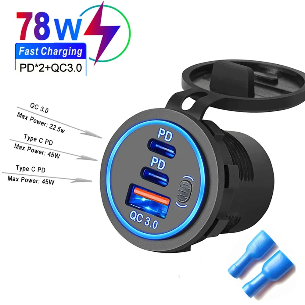 78w Dual PD QC 3,0 Auto ladegerät wasserdichte Schnell ladung 3,0 Steckdose mit Schalter für 12V/24V Motorrad LKW Boot