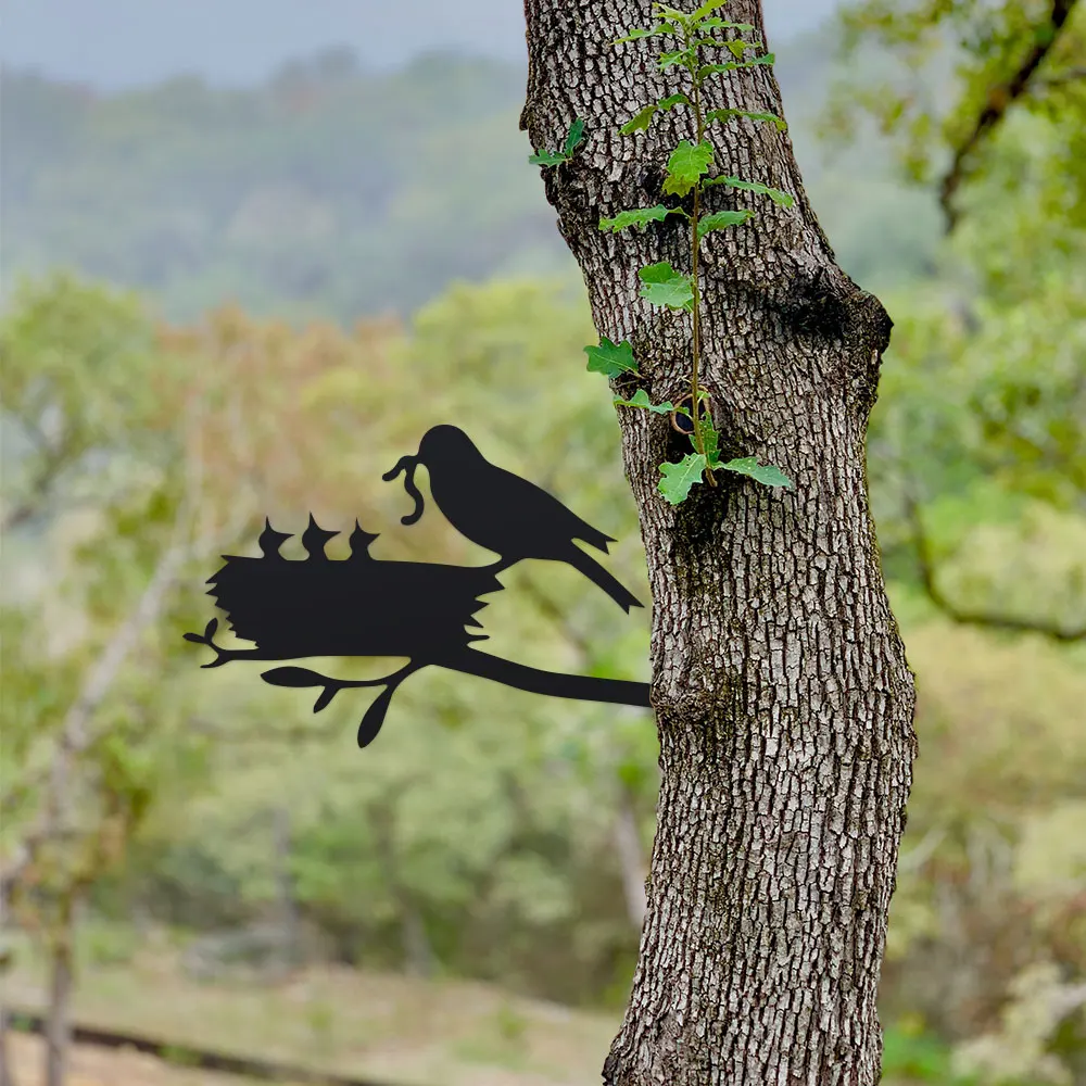 2D 1pc Feeding Branch Sculpture - Outdoor Garden Decor, Cute Silhouette Stake for Patio, Porch Charming Metal Bird Nest