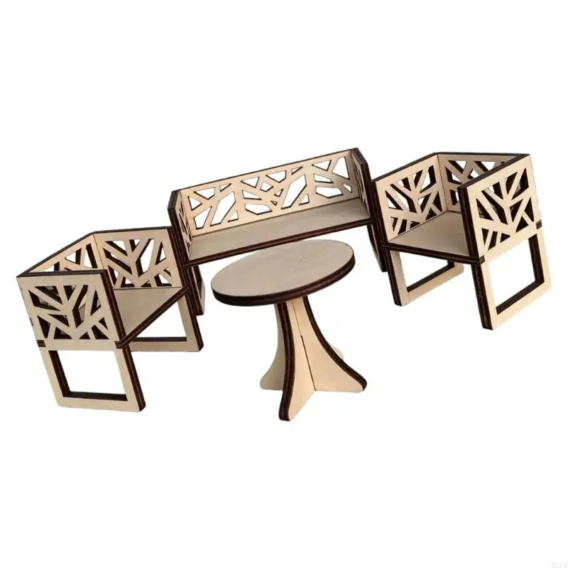 Hölzernes Puppenhaus-Set aus Tisch und Stuhl Maßstab 1:12 mit aufwendig geschnitztem Design für die Präsentation von A2UB – Detail 8