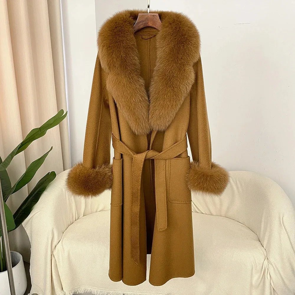 2024 Long Fur Coat Ladies Wool Coat Woolen Natural Real Fox Fur Collar Winter Jacket Women Belt Warm Outerwear Streetwear