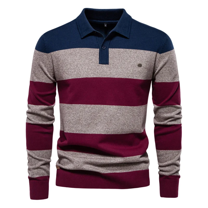Autumn New Men's Long SleevePOLOCollared Sweater Slim Fit Turn-down Collar Striped Patchwork Men's European Size Knitwear