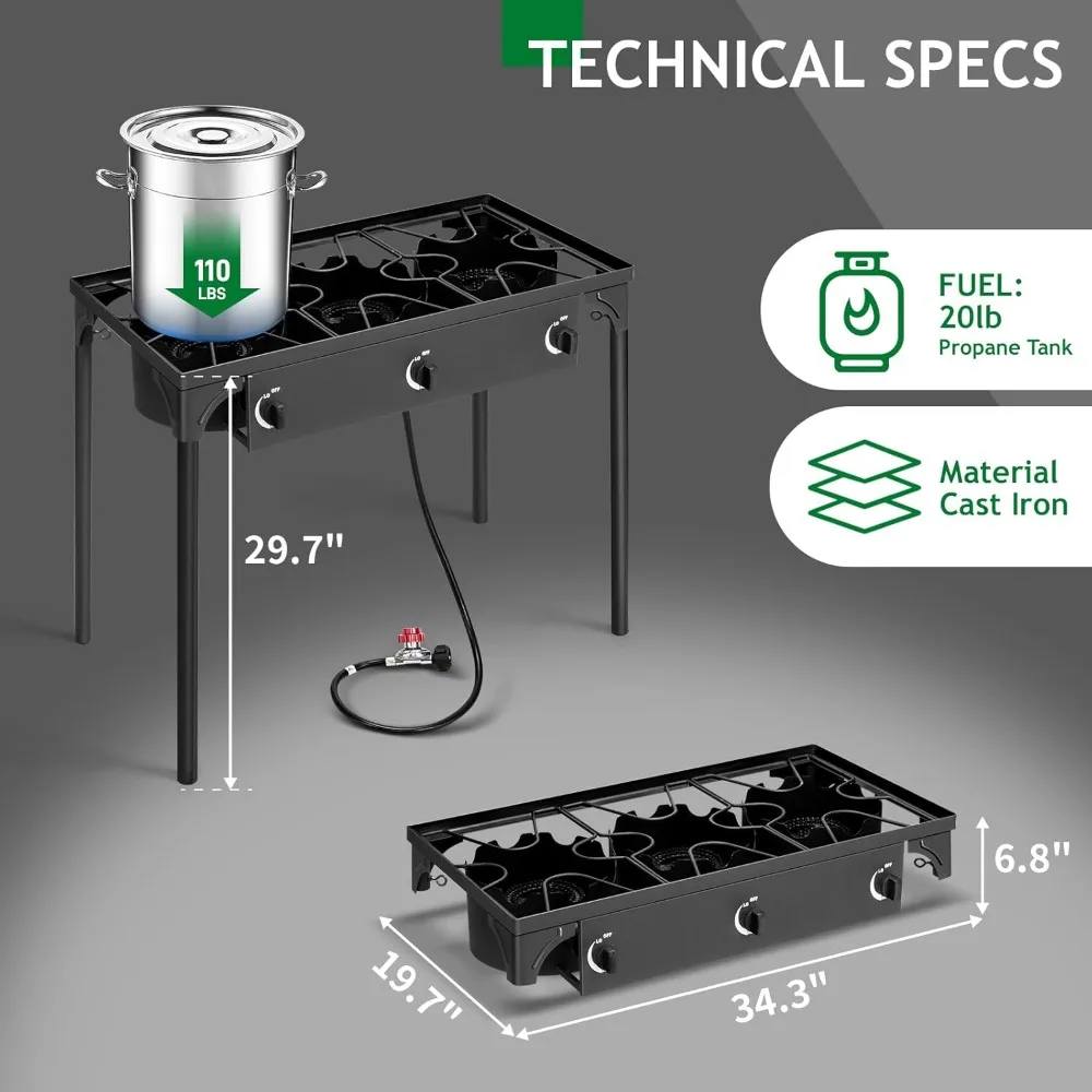 

3 Burner Propane Gas Stove for Outdoor Cooking, 225,000 BTU Camping Cooker with Removable Legs