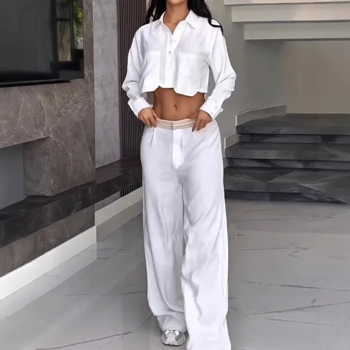 여성 캐주얼 긴팔 루즈핏 투피스 의상 여름 2025 우아한 라펠 버튼 셔츠 & 롱 팬츠 수트 컬러 블록 포켓 세트