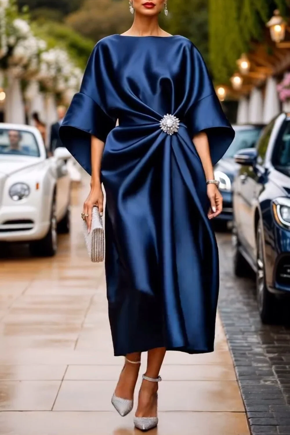 Vestido elegante para invitados de boda para mujer, vestidos Midi de satén con cuello redondo acampanado y manga 3/4 con nudo de lentejuelas para fiesta de cóctel