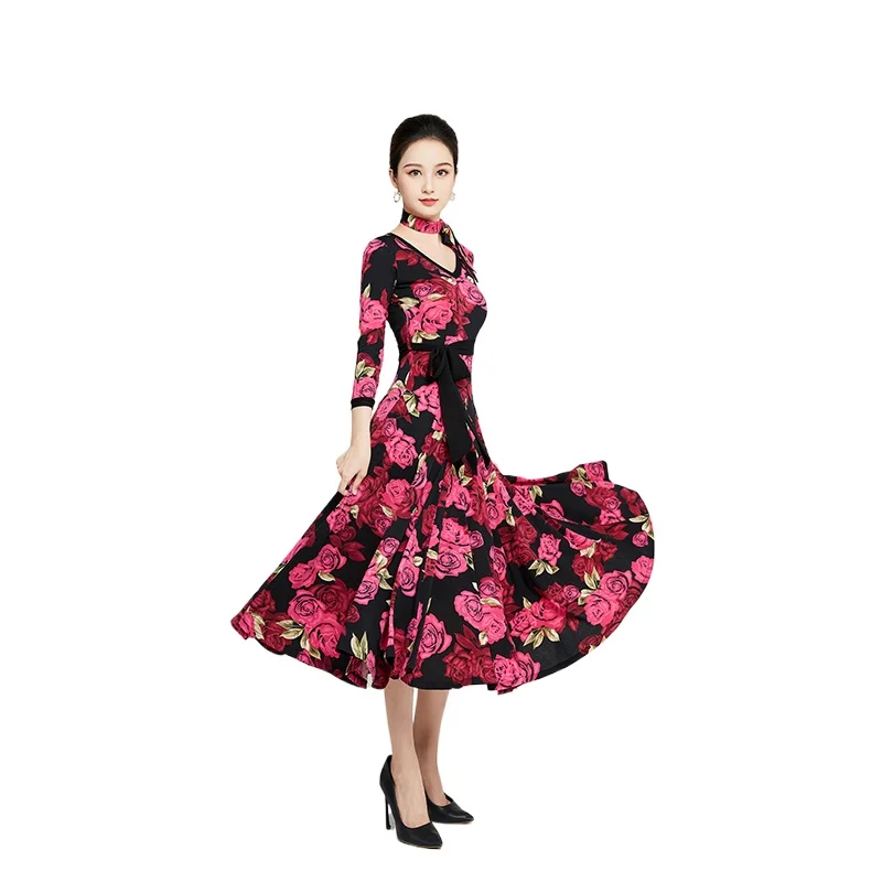 2023 Modern Dance Dress V-neck Seven-point Sleeve Performance Dress Waltz Ballroom Dance Ballroom Dance Ballroom L202315