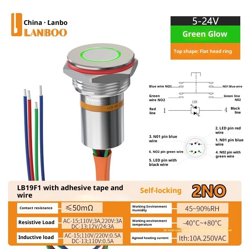LANBOO F1 serie 19mm miniatuur waterdichte epoxy-geïsoleerde IP67 verlichte drukknop, vergelijkbaar met Bole-stijl
