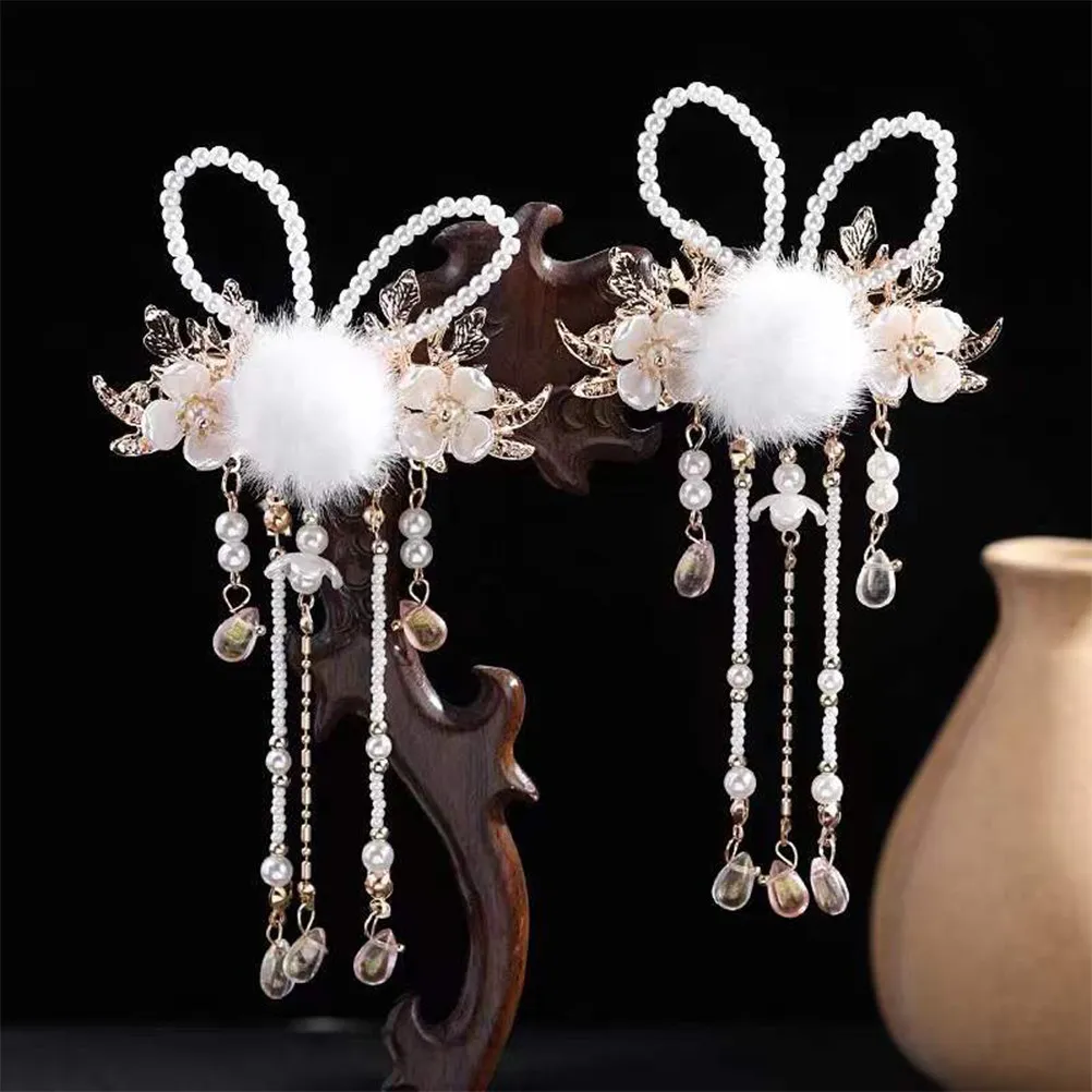 

Пара заколок для волос с ушками кролика, кисточками и жемчужными акцентами, элегантная заколка-шарик для женщин и девочек, для косплея, на день рождения, в элегантном стиле