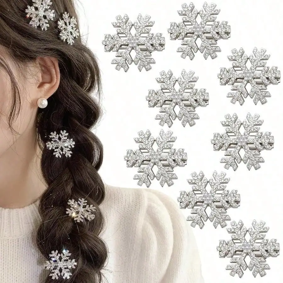 

2Pcs Fall Winter Sparkly Rhinestone Snowflake Hair Clips For Women Girls Christmas Xmas Party Daily Wear Hair Accessories Gift