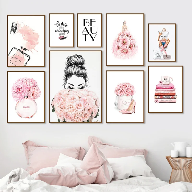 أزياء ماكياج الوردي جدار الفن المرأة العطور قماش اللوحة الفن الملصقات والمطبوعات ديكور المنزل الحديثة الحلو زهرة اللوحة