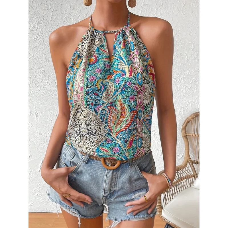 

Elegant Paisley Print Keyhole Neck Halter Top