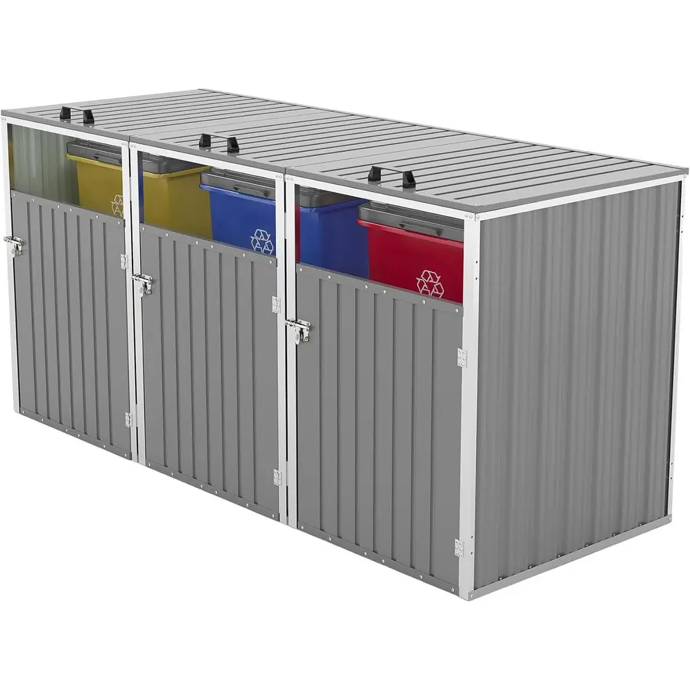 

Metal Outdoor Storage Shed with Lock & Pneumatic Rod for 3 Trash Cans, Suitable for Garden, Patio, and Backyard, Light Gray