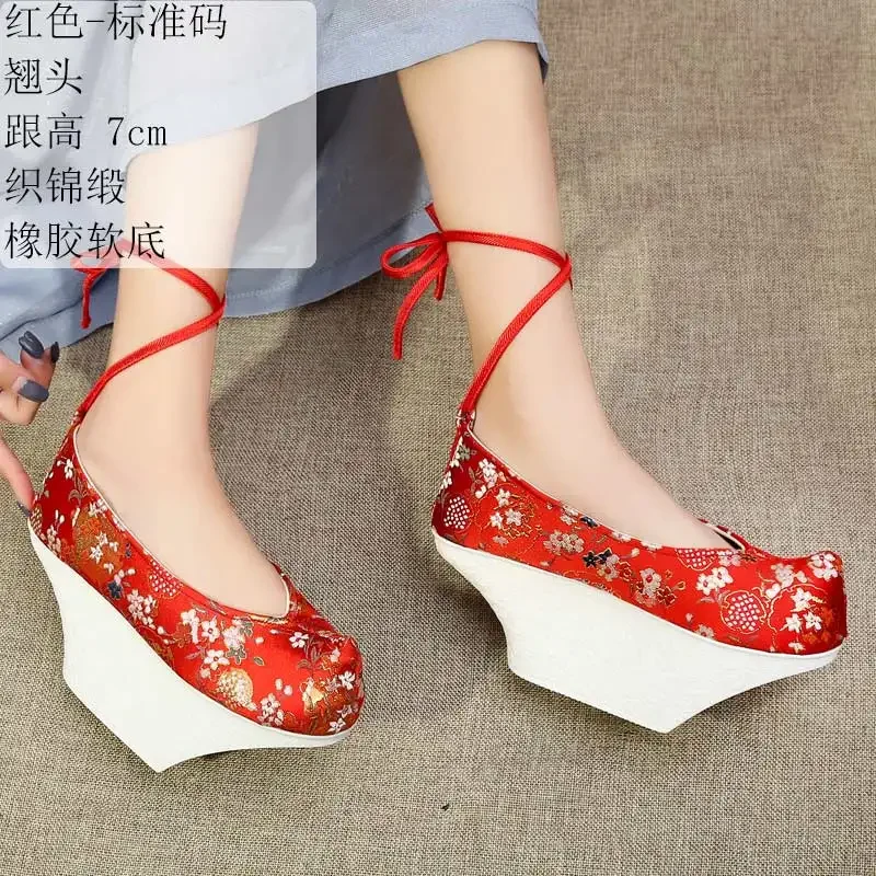 Chaussures Hanfu pour Pot de fleur rouge, chaussures à fond de gâteau de pin, grille de palais Zhen Huan Yuanbao, chaussures brodées Qing