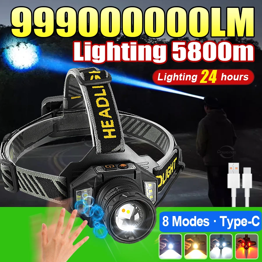 Ultra Powerful LED Headlamp 999000000LM Super Bright Rechargeable Led Head Flashlight Long Range Fishing Hunting Head Lantern