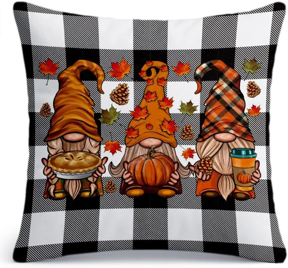 Fall Plaid Gnome Throw Pillow Cover 18x18,Farmhouse Autumn Decor with Buffalo Plaid,Pumpkin Pie Pillow Cover for Bedding Bedroom