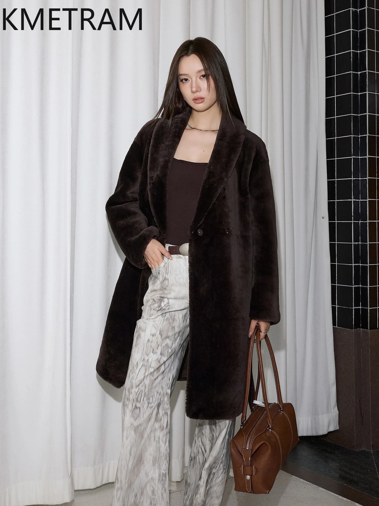 KMETRAM جلد الغنم ميرينو الطبيعي مع معطف مرفق من الصوف سترة متوسطة الطول من الفرو الحقيقي مع حزام 2025 ملابس نسائية شتوية #3